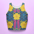 Honey Dazed Brand body-hugging racerback crop top featuring retro floral print with bright yellow flowers, pink geometric patterns, and blue swirls on dark background in performance knit fabric